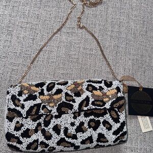 NWT VIRAL Beaded Leopard and Bee Print Clutch
